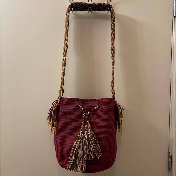 Handbags - Wayuu Women’s Crossbody Bag MOCHILAS Colombia Tribe Women's bucket Bag Burgundy